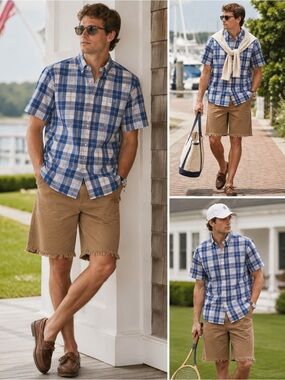 Chaps Blue Plaid Button-Up Shirt Men’s Medium | Short Sleeve Cotton Casual